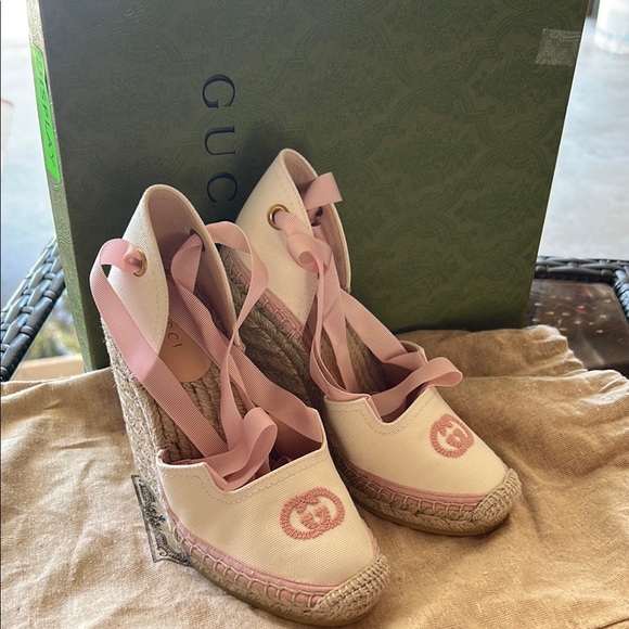 Gucci Pink Espadrille Wedges with Ankle Wrap - Picture 1 of 12